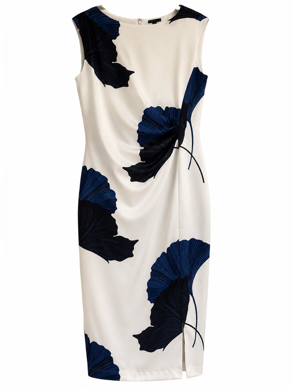 Ann Taylor Asymmetric Floral Satin Sheath Dress Size 12 White Blue Ruched Slit